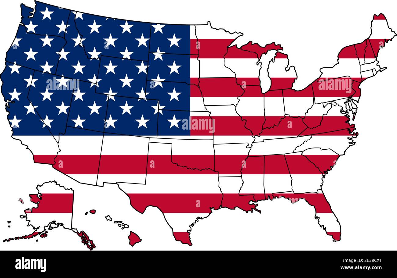 Map of states borders of USA and American flag on it isolated Stock Vector