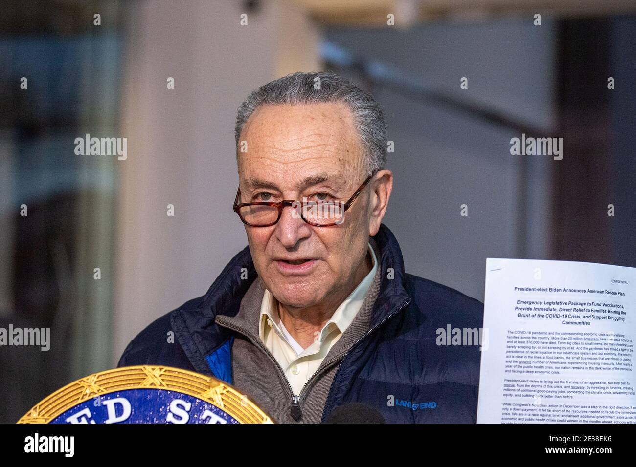 U.S. Senator Chuck Schumer (D-NY) speaks during media briefing on Biden's Rescue Plan on January 17, 2021 in New York City. Senator Schumer will become U.S. Senate majority leader this upcoming week and will push President-elect Joe Biden's $1.9 Trillion Plan to Stem the Virus and Steady the Economy. Stock Photo