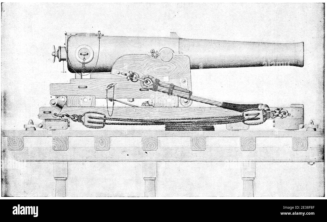 Naval cannon. Illustration of the 19th century. Germany. White background. Stock Photo