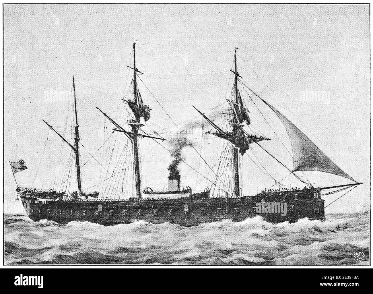 The French ironclad Gloire ('Glory') - the first ocean-going ironclad, launched in 1859. Illustration of the 19th century. Germany. White background. Stock Photo