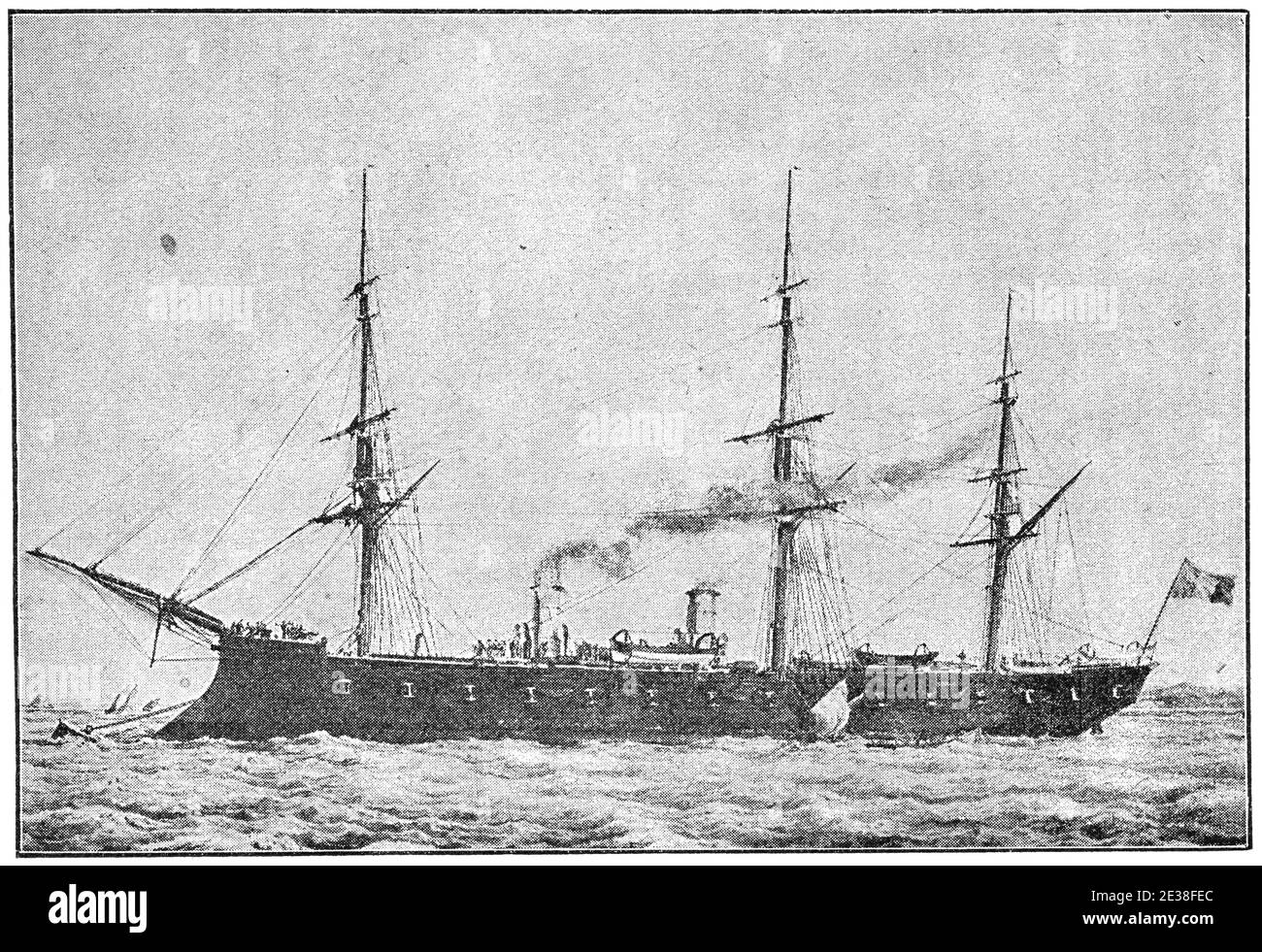 Le Tourville (1874) - a broadside ironclad of French Navy. Illustration of the 19th century. Germany. White background. Stock Photo