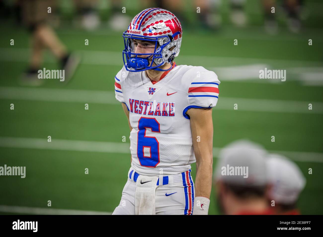 Arlington, Texas, USA. 16th Jan, 2021. Austin Westlake quarterback Cade Klubnik (6) takes the