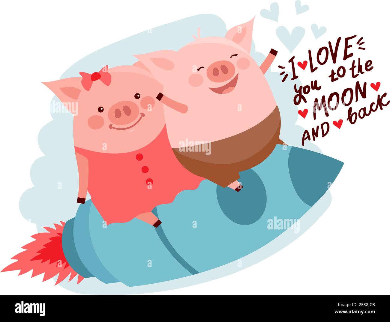 Vector illustration of cute cartoon pig flying on a rocket. Hand Drawn Lettering, I love you to the moon and back. Valentines Day vector card. Stock Vector