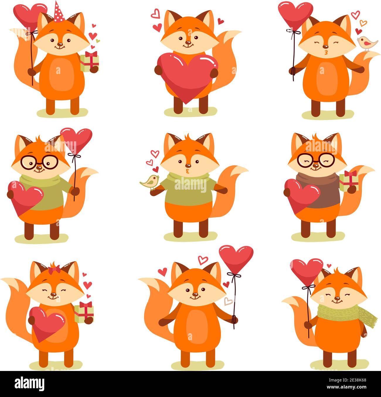 Vector set of cute cartoon lovely red fox. Vector illustration for web, site, greeting card, valentines day poster. Stock Vector