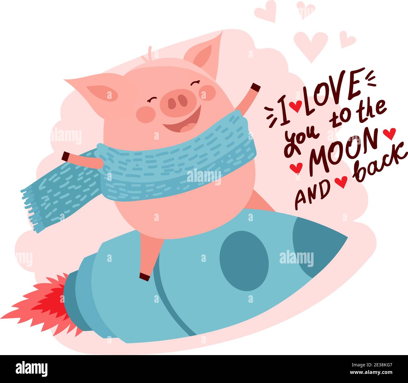 Vector illustration of cute cartoon pig flying on a rocket. Hand Drawn Lettering, I love you to the moon and back. Valentines Day vector card. Stock Vector