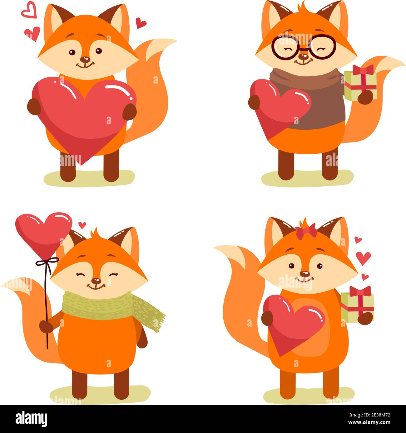 Vector set of cute cartoon lovely red fox. Vector illustration for web, site, greeting card, valentines day poster. Stock Vector