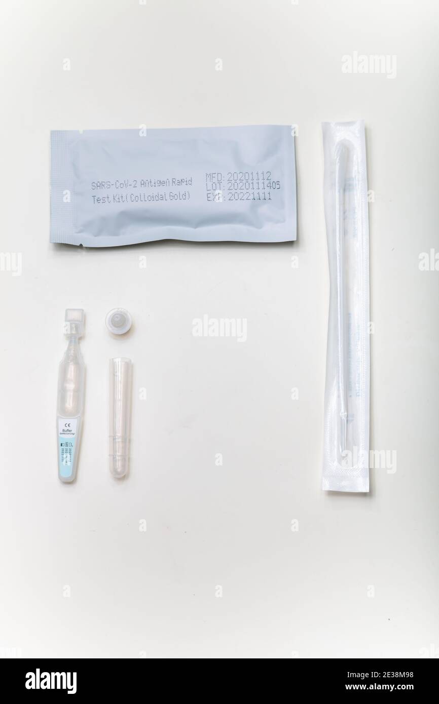 SARS-CoV-2 Ag quick antibodies test kit. Nasopharyngeal swab test Stock Photo