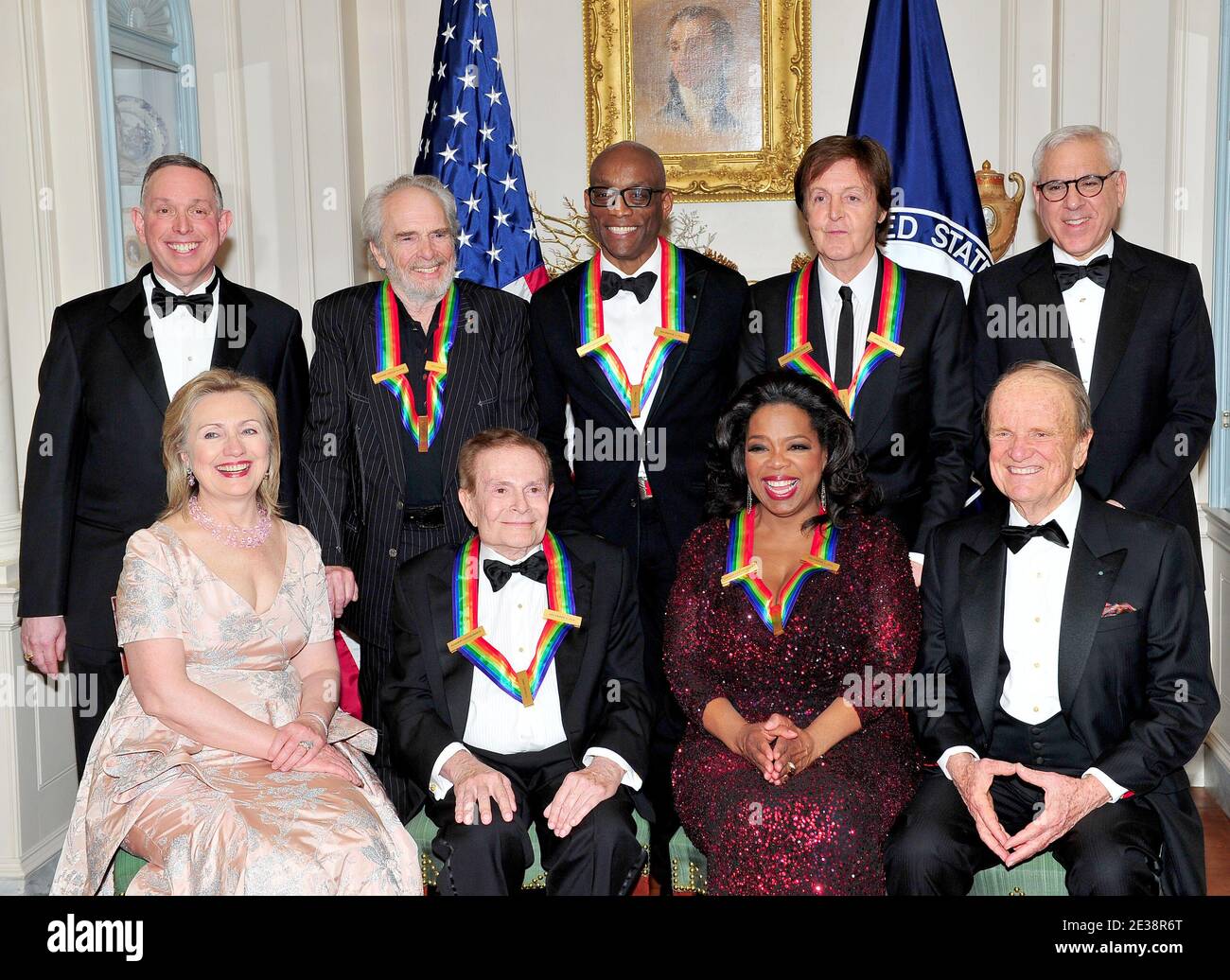 The 2010 Kennedy Center honorees (Top row, L-R) Michael M. Kaiser, President, John F. Kennedy Center for the Performing Arts; Merle Haggard; Bill T. Jones; Sir Paul McCartney; and David M. Rubenstein, Chairman, John F. Kennedy Center for the Performing Arts, (Bottom, L-R) United States Secretary of State Hillary Rodham Clinton; Jerry Herman; Oprah Winfrey; and George Stevens, Jr.pose for their formal class photo following the formal Artist's Dinner at the United States Department of State in Washington, D.C., USA on Saturday, December 4, 2010. Photo By Ron Sachs/ABACAPRESS.COM Stock Photo
