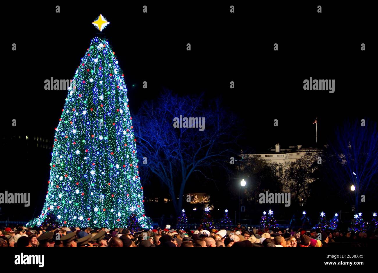 The National Christmas Tree stands on the Ellipse near the White House in Washington, DC, USA on December 09, 2010. The first Christmas tree lighting ceremony took place back in 1923, with President Calvin Coolidge presiding. Photo by Andrew Harrer/Bloomberg/ABACAPRESS.COM Stock Photo