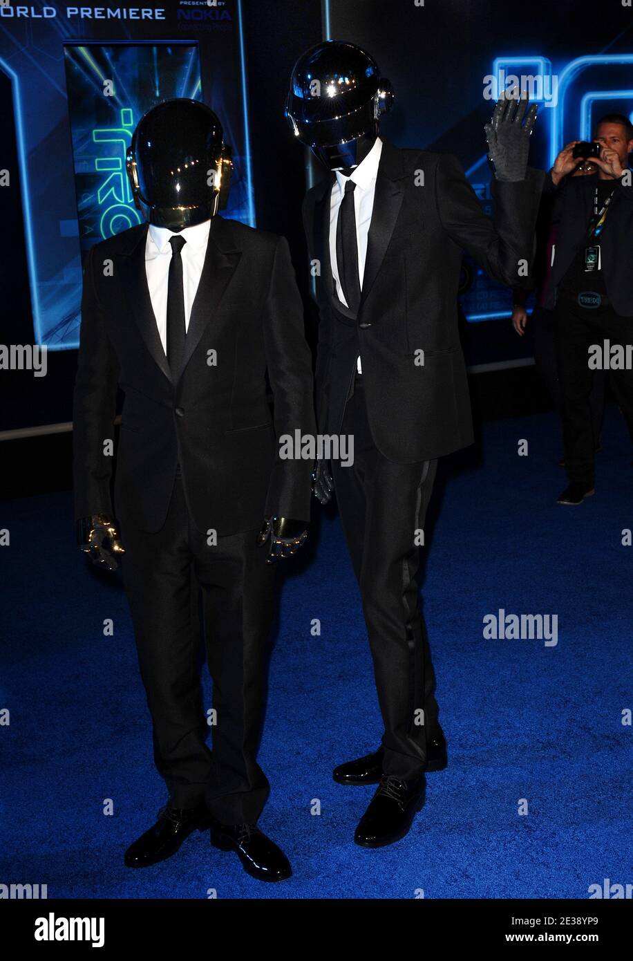 Musicians Thomas Bangalter and Guy-Manuel De Homem-Christo of Daft Punk attend the world premiere of Walt Disney Pictures 'Tron: Legacy' at El Capitan Theatre in Los Angeles, December 11, 2010. Photo by Lionel Hahn/ABACAPRESS.COM Stock Photo