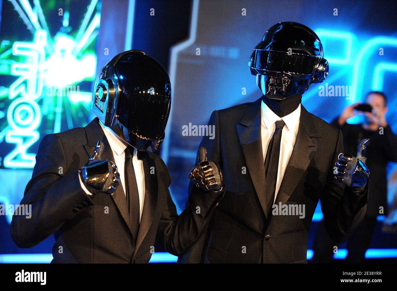 Musicians Thomas Bangalter and Guy-Manuel De Homem-Christo of Daft Punk attend the world premiere of Walt Disney Pictures 'Tron: Legacy' at El Capitan Theatre in Los Angeles, December 11, 2010. Photo by Lionel Hahn/ABACAPRESS.COM Stock Photo