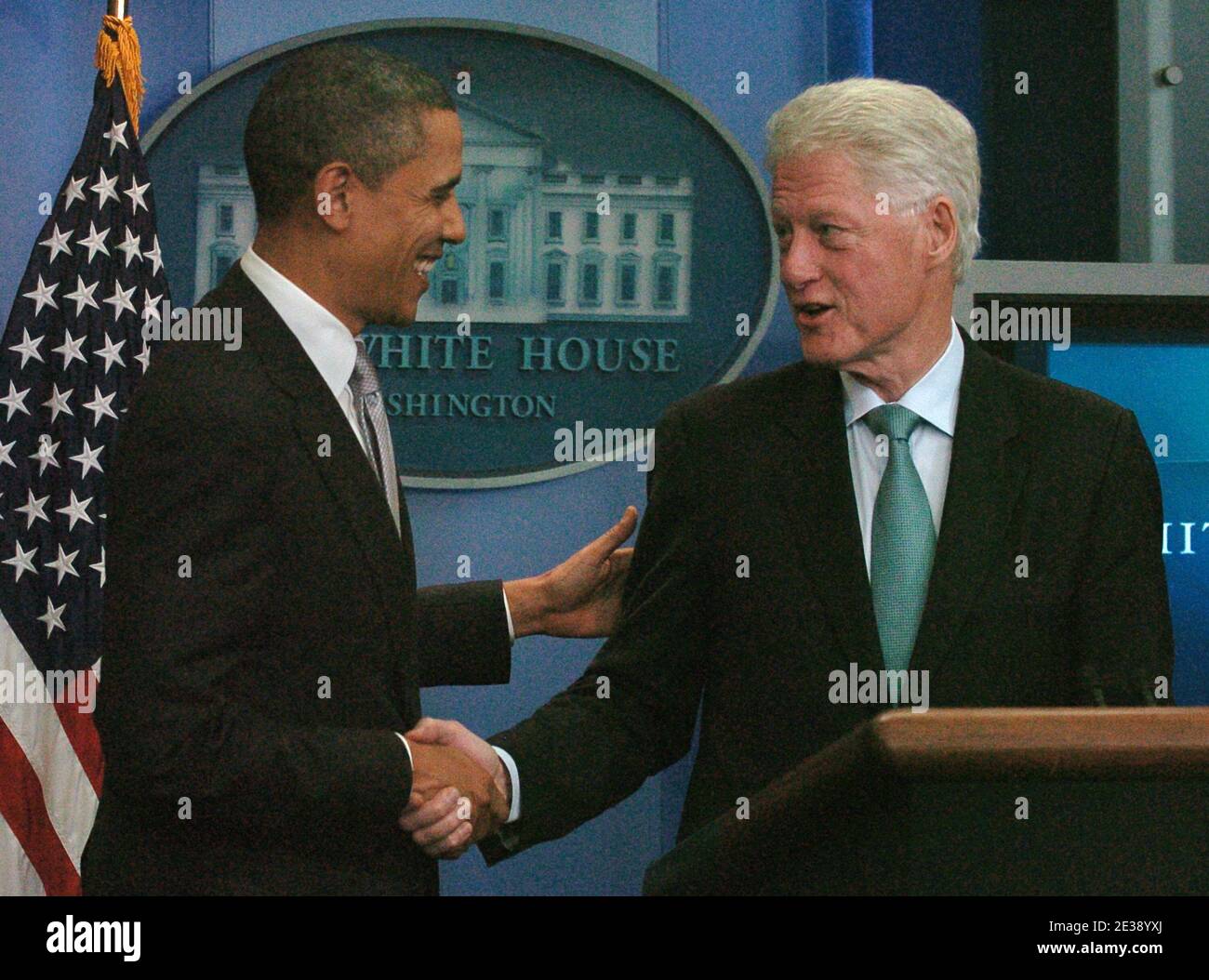US President Barack Obama and former US President William Clinton meet ...