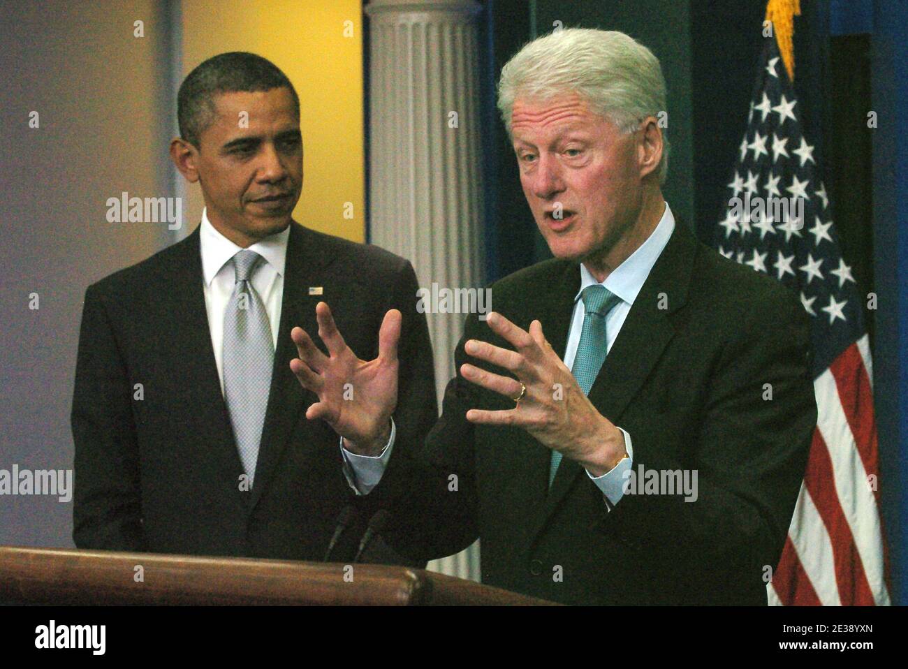 US President Barack Obama and former US President William Clinton meet ...