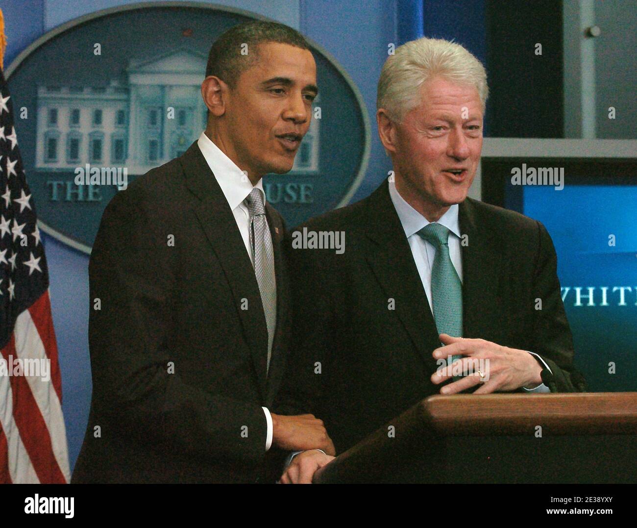 US President Barack Obama and former US President William Clinton meet ...