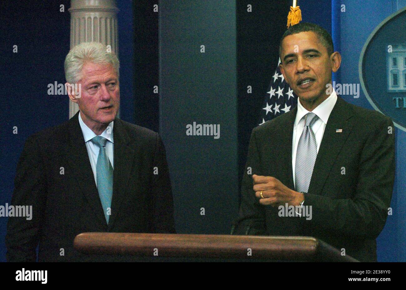 US President Barack Obama and former US President William Clinton meet ...