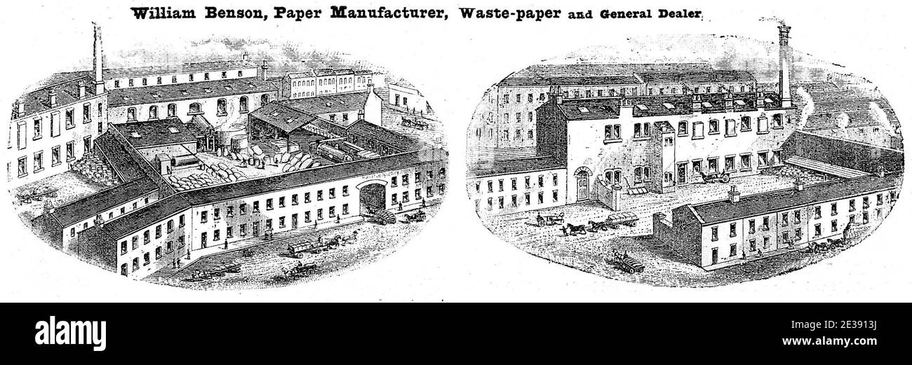 WILLIAM BENSON, PAPER MANUFACTURER, WASTE-PAPER AND GENERAL DEALER, QUARRY HILL PAPER WORKS, LEEDS, Yorkshire, UK. An etching, engraving or lithograph from the Victorian Era. Stock Photo