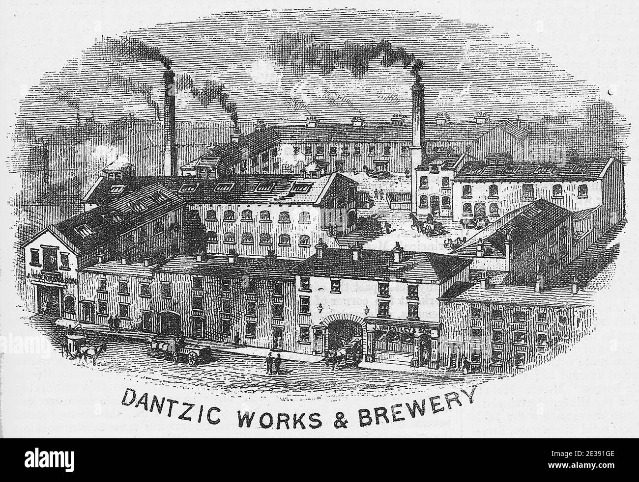 J. Wheatley and Son, wine and brandy shippers, Dantzic Works and Brewery, Napier Street, Sharrow, Sheffield, Yorkshire, UK  An etching, engraving or lithograph from the Victorian Era. Stock Photo