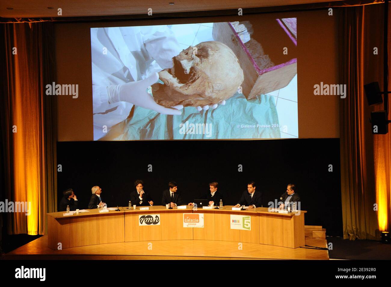 French doctor Philippe Charlier among other scientists said they have identified an embalmed head as belonging to King Henri IV of France, who was assassinated in 1610 at the age of 57 during a press conference held at Grand Palais in Paris, France on December 16, 2010. The head was lost after revolutionaries ransacked the royal chapel at Saint Denis, near Paris, in 1793. A head, presumed to be that of Henri IV, has passed between private collectors since then. Photo by Nicolas Briquet/ABACAPRESS.COM Stock Photo