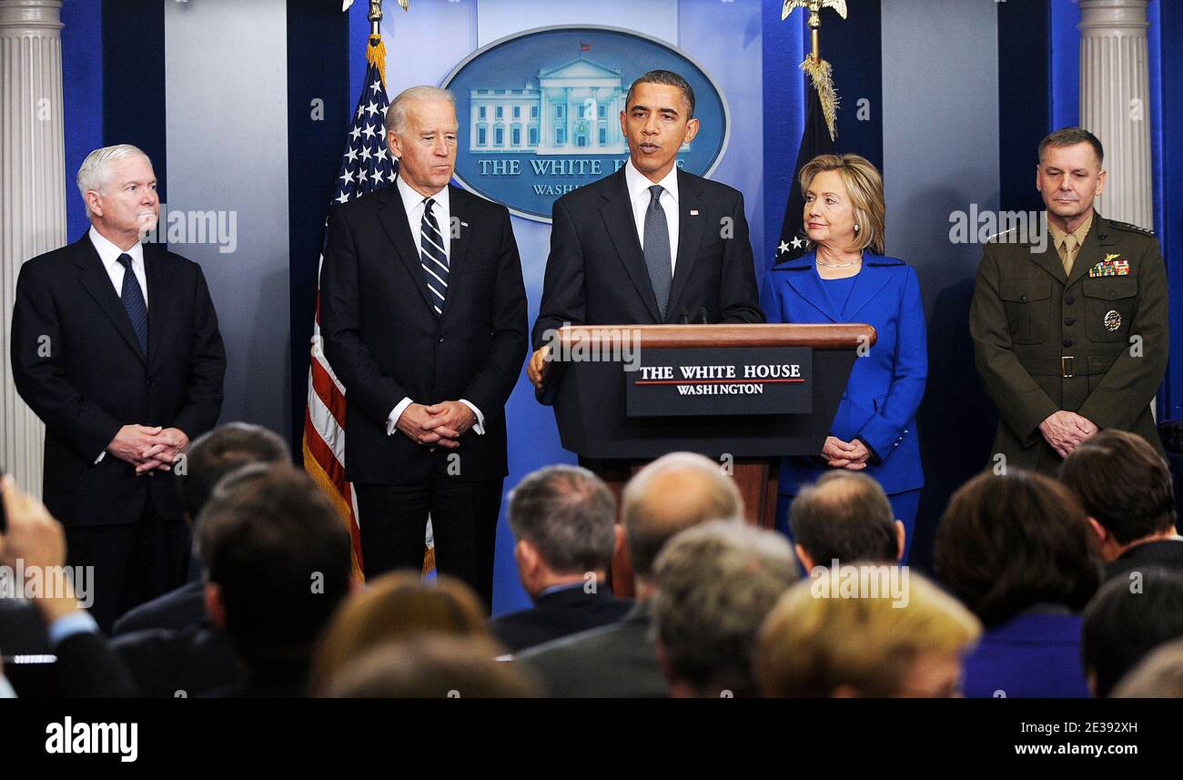 US President Barack Obama (C) speaks alongside (L-R) US Secretary of Defense Robert Gates, US Vice President Joe Biden, US Secretary of State Hillary Clinton, and Marine Corps General James Cartwright, vice chairman of the Joint Chiefs of Staff, about the US strategy for military and civilian operations in Afghanistan and Pakistan following a two-month review process of the nine-year war, in the Brady Press Briefing Room at the White House in Washington, DC, USA on December 16, 2010. Photo by Olivier Douliery/ABACAPRESS.COM Stock Photo