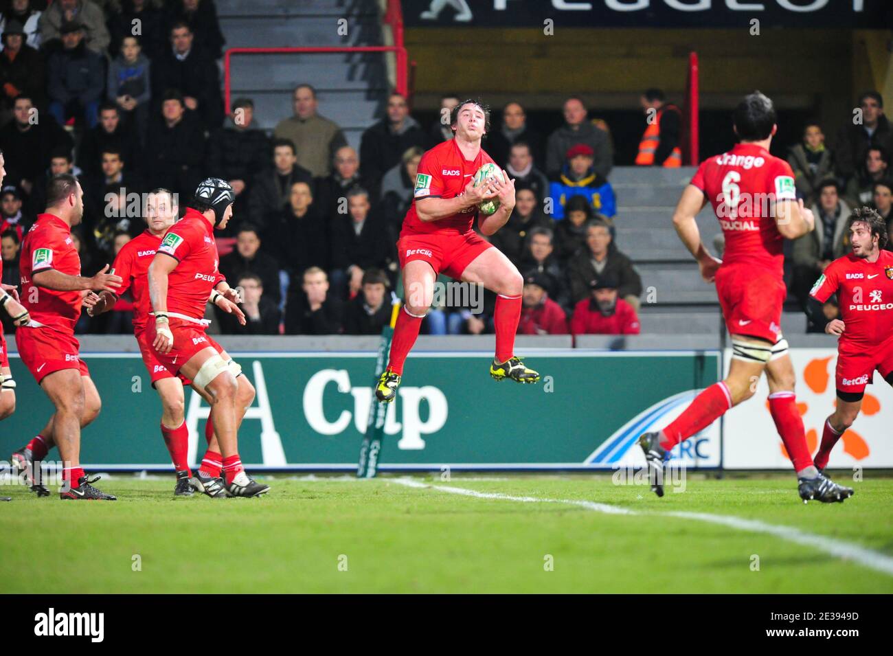 Stade Toulousain's Louis Picamoles in the air during the H-Cup Rugby match Stade  Toulousain vs Glasgow at the Ernest Wallon Stadium in Toulouse, France on  December 21, 2010. Toulouse won 36-10. Photo