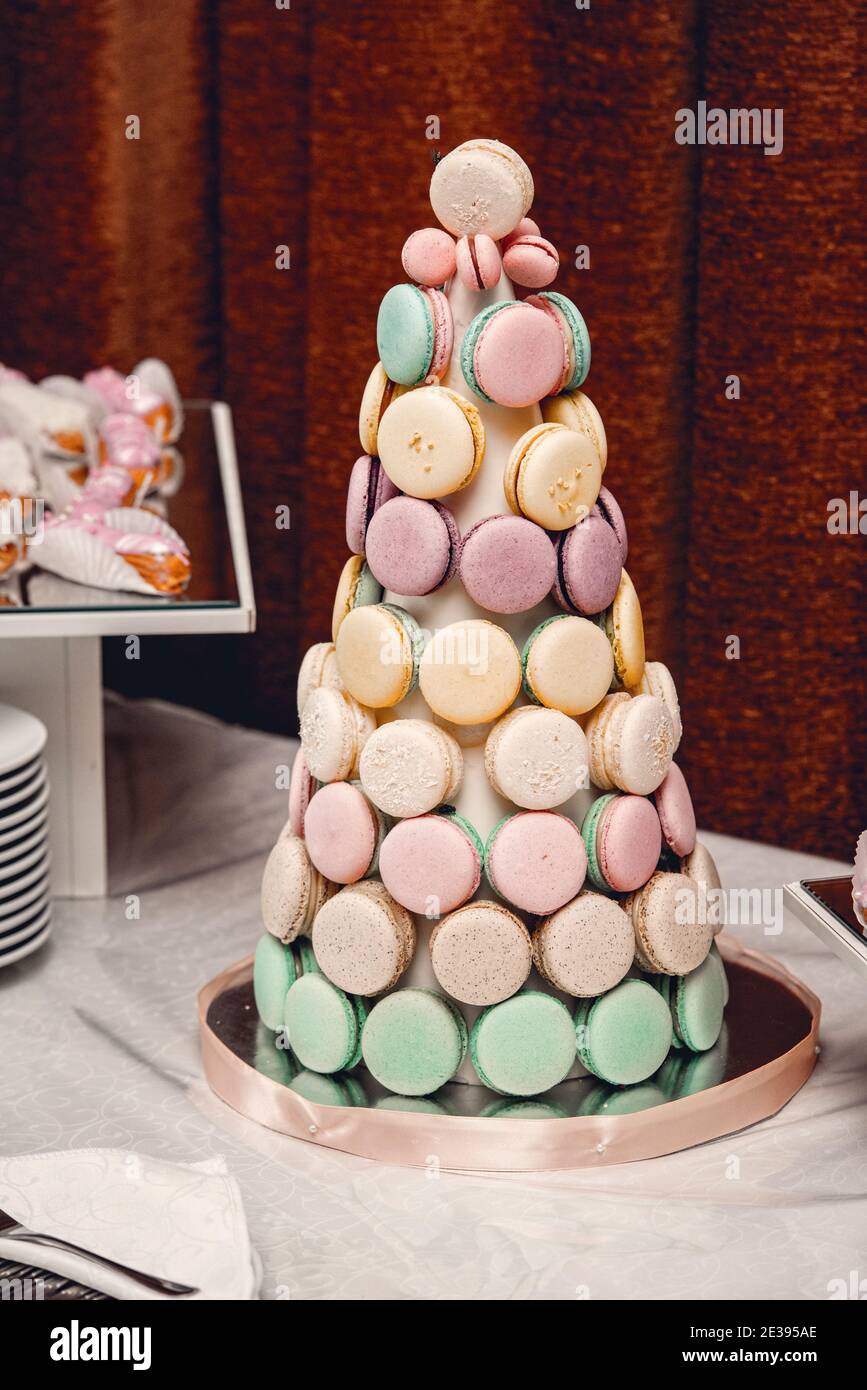 Homemade macaroons cackes on stand Stock Photo