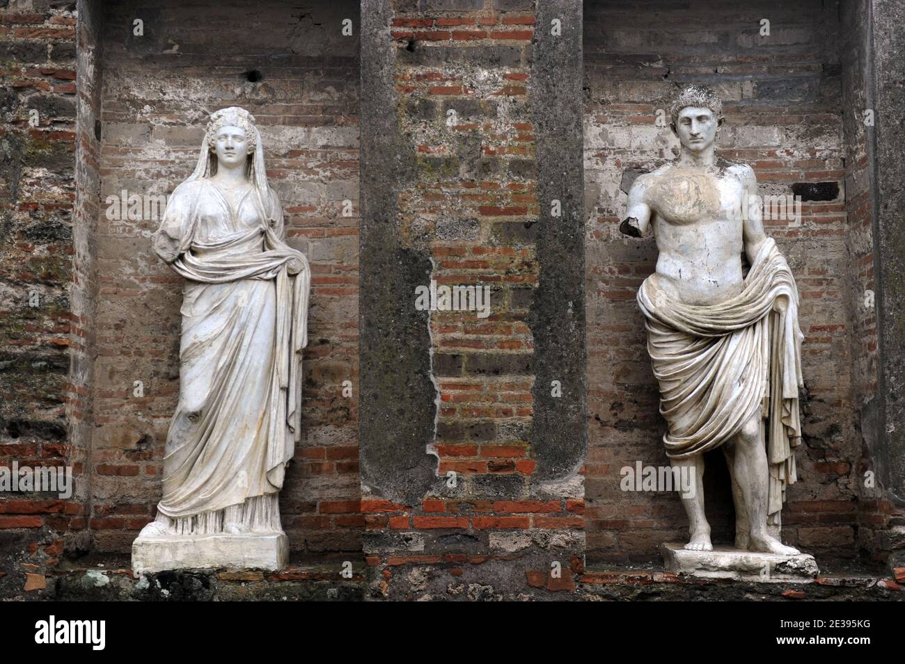 A view of statues in the Macellum (city's main market) Pompeii, south Italy on November 25, 2010. The ancient Roman city of Pompeii, preserved in volcanic ash 2,000 years ago, is suffering from decay. Archaeologists say it is being ruined by vandalism, pollution and neglect. Its treasures are now in great danger of being lost forever. On November 6th, Pompeii's House of Gladiators collapsed and the rest of the extraordinary ancient city is in a perilous state. Pompeii was destroyed in 79 AD by an eruption of Mount Vesuvius. Photo by Eric Vandeville/ABACAPRESS.COM Stock Photo