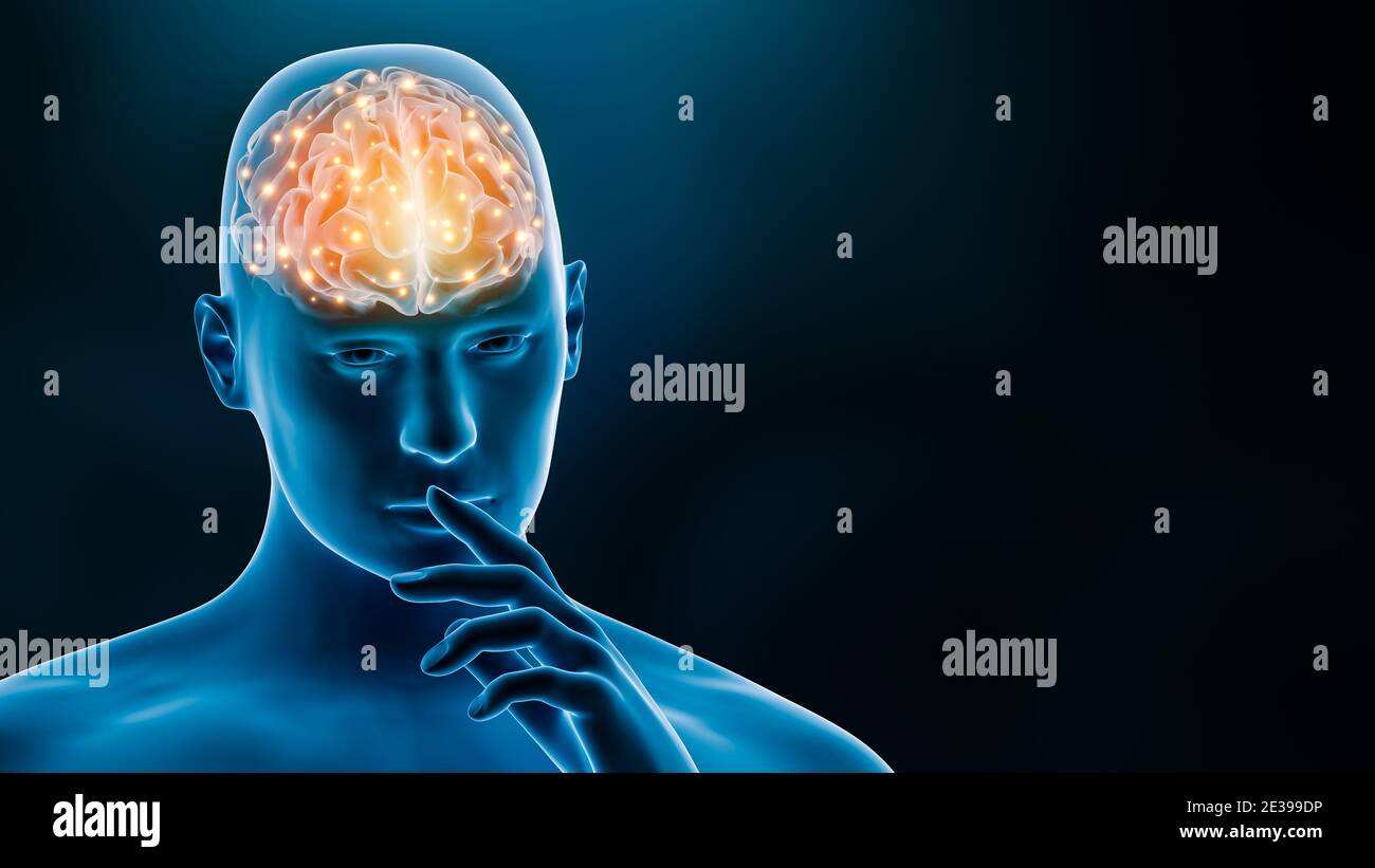 Brain activity of man while thinking 3D rendering illustration with copy space. Neuroscience, neurology, anatomy, science, medicine, psychology, intel Stock Photo