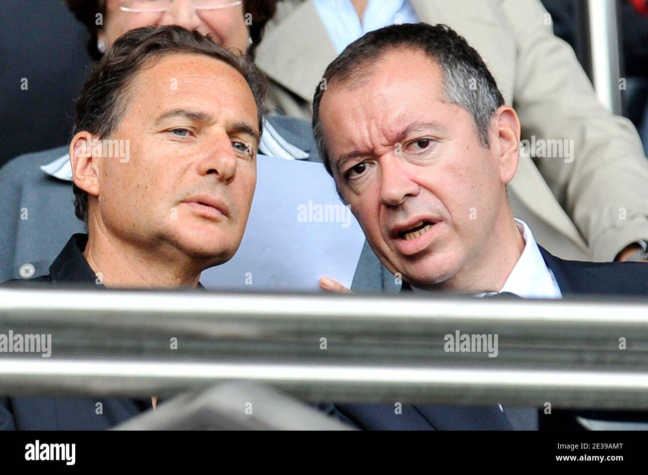 French Minister for Immigration Eric Besson with Robin Leproux during the French First league soccer match, Paris Saint Germain vs OGC Nice at the Parc des Princes in Paris, France on October 3, 2010. The match ended in a 0-0 draw. Photo by Stephane Reix/ABACAPRESS.COM Stock Photo
