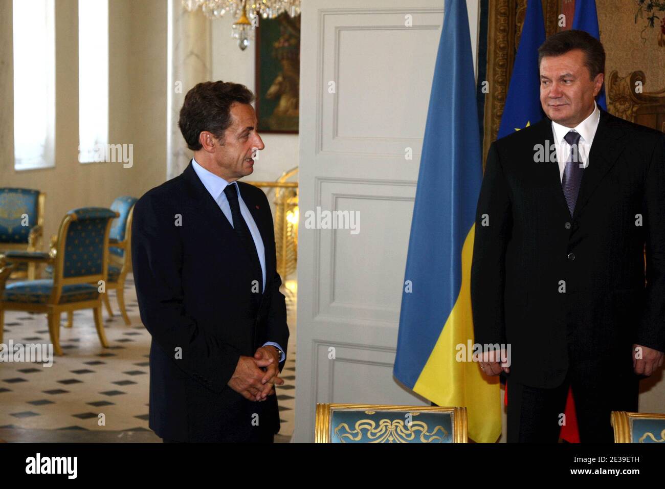 French President Nicolas Sarkozy and Ukraine's President Viktor Yanukovych are pictured during a meeting at the Elysee Palace, Paris on October 7, 2010. Photo by Ludovic/Pool/ABACAPRESS.COM Stock Photo