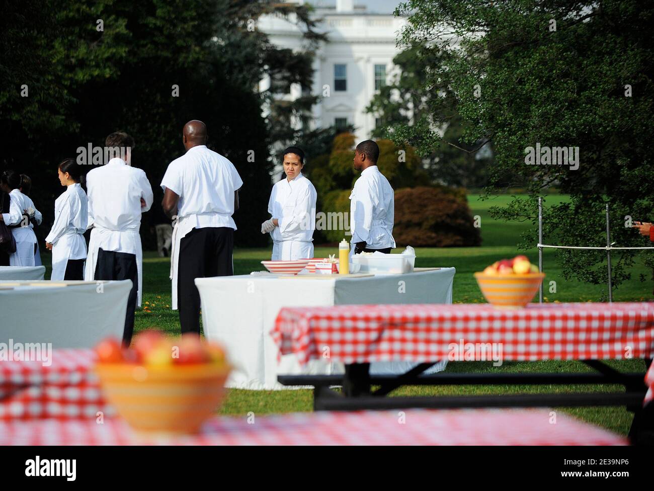 White House kitchen Staffers and Chiefs stand in the White House Kitchen Garden October 20, 2010 on the South Lawn of the White House in Washington, DC. Photo by Olivier Douliery/ ABACAPRESS.COM Stock Photo