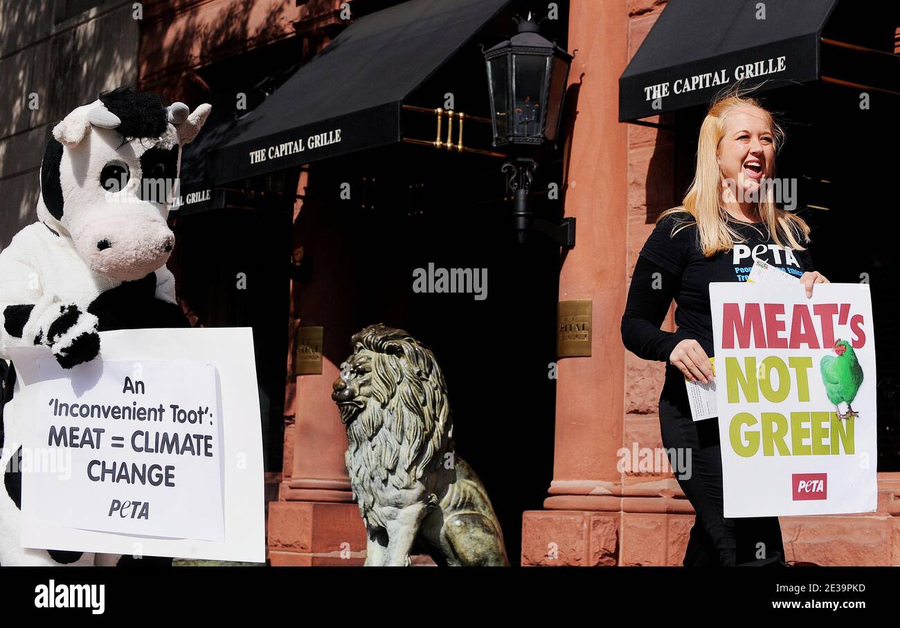 People for the Ethical Treatment of Animals (PETA) holds a protest in front  of a . steak house in Washington, DC, USA on October 22 2010. A .  report determined that raising