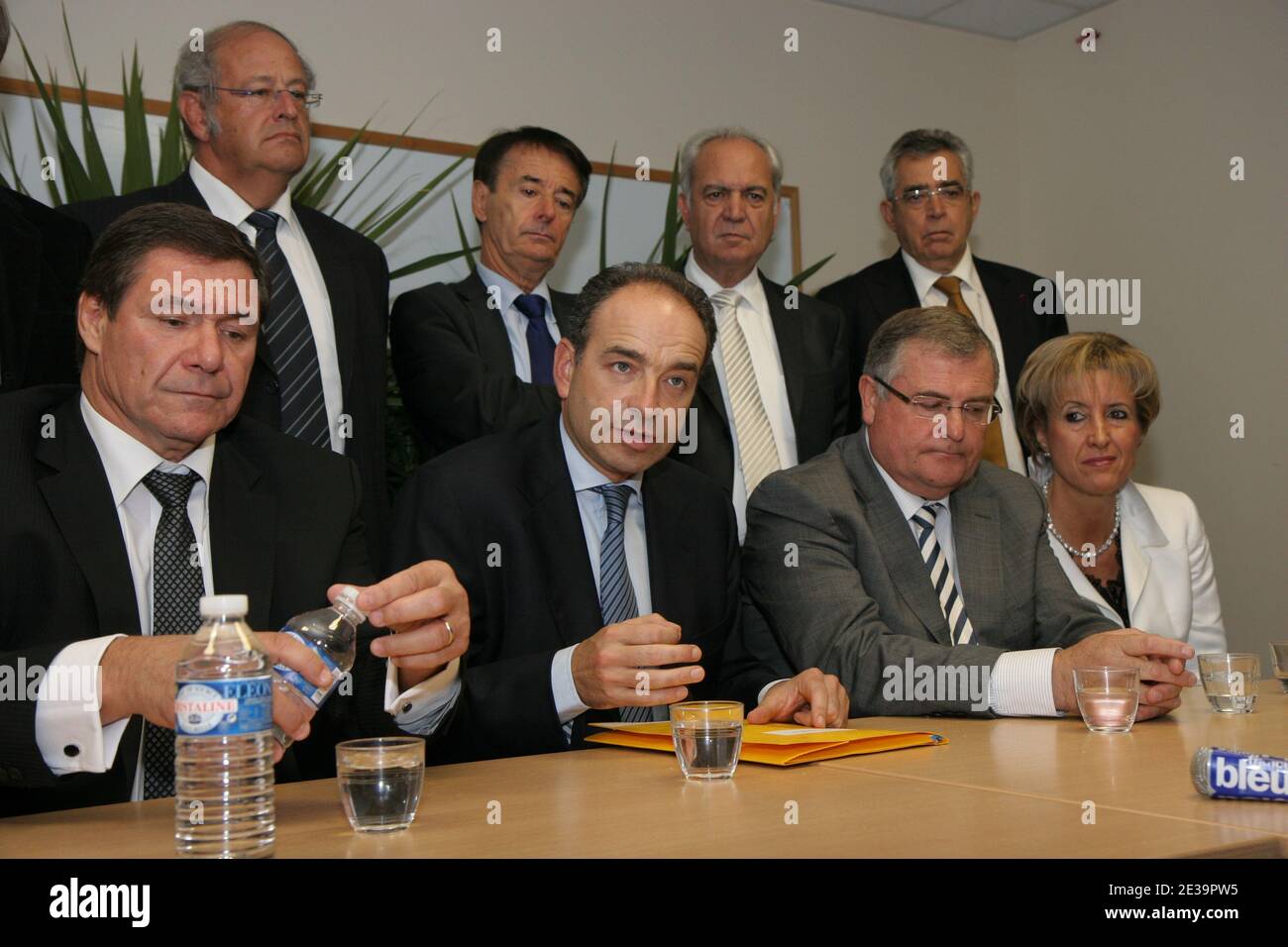 Mayor of Meaux, Deputy for the 6th constituency of Seine-et-Marne, and President of the Union for a Popular Movement UMP Group in the French National Assembly's Jean-Francois Cope during her press conference. In the image also: The deputy's Daniel Mach, Jacqueline Irles, Francois Calvet, The mayor of Perpignan's Jean-Marc Pujol and the senator's Jean-Paul Alduy. At the Jordi Barre house, in Pollestres, near Perpignan, south of France on October 22, 2010. Photo by Michel Clementz/ABACAPRESS.COM Stock Photo