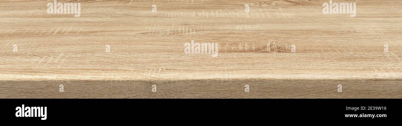 Pine wood table top desk surface. Empty kitchen wooden board for food product montage display Stock Photo