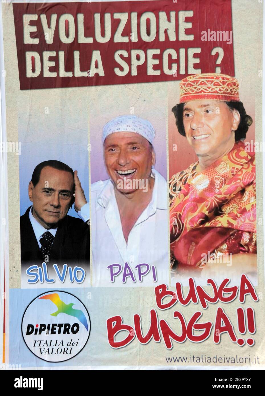 'Hundred of posters showing a ridiculous Silvio Berlusconi are invading in Rome, Italy, on October 30,2010. Writen : ' The evolution of the human race: Silvio, Papi, Bunga Bunga'. A high-profile Silvio Berlusconi political appointment has been drawn into a prostitution investigation involving a teenage Moroccan belly dancer. Prime Minister Silvio Berlusconi said he loved life and women and would not apologise for enjoying himself after new reports of young women and parties were splashed across the front pages. Italian newspapers have reported that a 17 year-old Moroccan girl, Karima El Mahrou Stock Photo