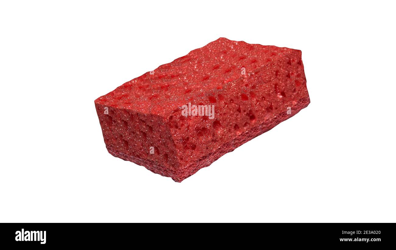 Red kitchen sponge, dishwashing sponge isolated on white background