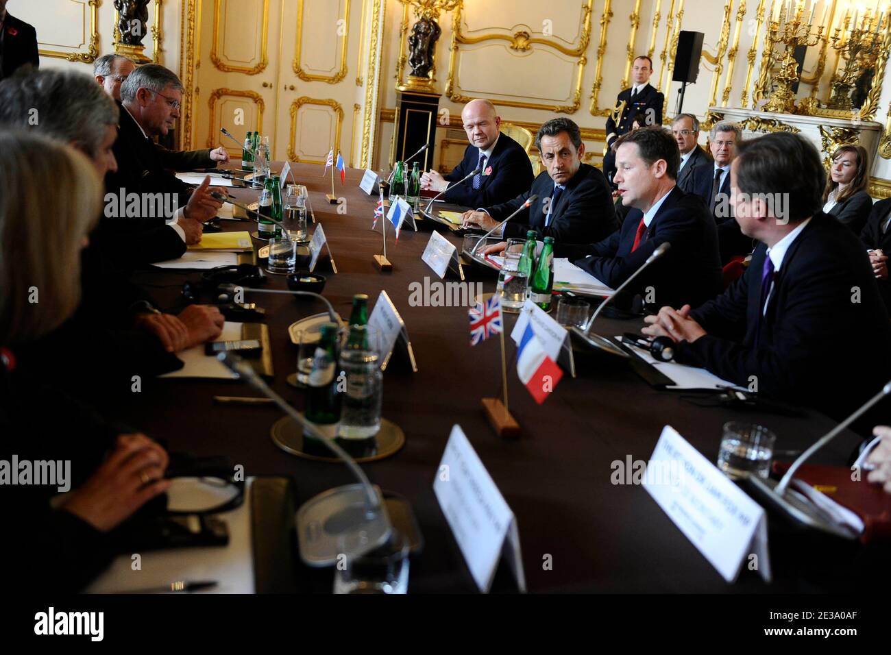 Exclusive. French President Nicolas Sarkozy, British Deputy Prime Minister Nick Clegg and British Prime Minister David Cameron are pictured during an Franco-British Summit, at Lancaster House in London, UK on November 2, 2010. Cameron and Sarkozy are likely to sign far-reaching treaties which will commit their forces to operating together for decades to come. Photo by Elodie Gregoire/ABACAPRESS.COM Stock Photo