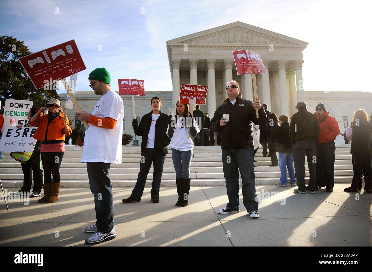 The Entertainment Consumers Association organizes a rally on the steps of the Supreme Court before oral arguments for the Schwarzenegger v. EMA case against the restriction of sales of violent video games November 2, 2010 in Washington, DC, USA, Photo by Olivier Douliery/ABACAPRESS.COM Stock Photo