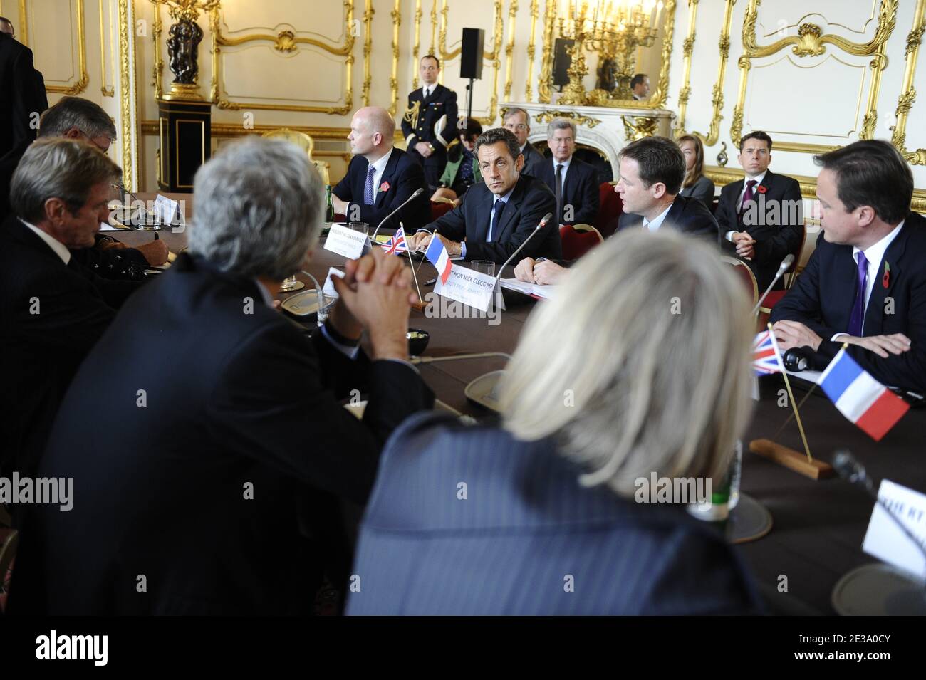 French President Nicolas Sarkozy, British Deputy Prime Minister Nick Clegg and British Prime Minister David Cameron are pictured during an Franco-British Summit, at Lancaster House in London, UK on November 2, 2010. David Cameron and Nicolas Sarkozy are likely to sign far-reaching treaties which will commit their forces to operating together for decades to come. Photo by Elodie Gregoire/ABACAPRESS.COM Stock Photo
