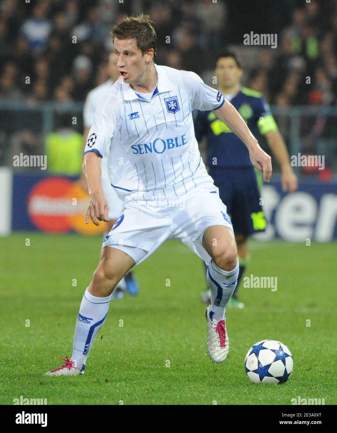 AJ Auxerre's Dariusz Dudka during the UEFA Champions League soccer match, group G, AJ Auxerre vs AFC Ajax at L'Abbe Deschamps stadium in Auxerre, France on November 3, 2010. Auxerre won 2-1. Photo by Christian Liewig/ABACAPRESS.COM Stock Photo