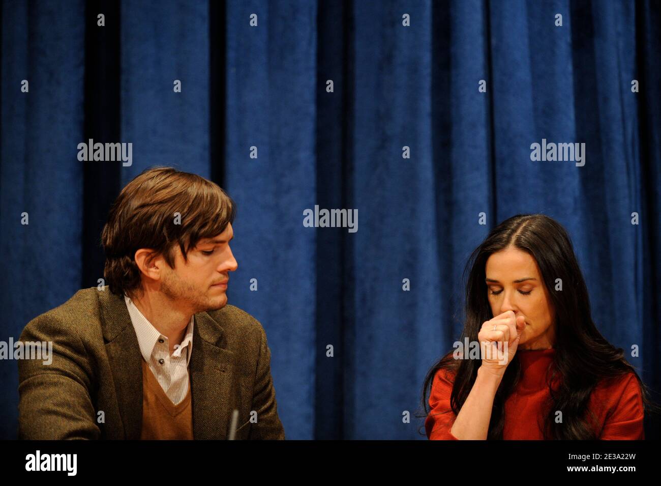 US actress Demi Moore and husband actor Ashton Kutcher address a press conference prior to the