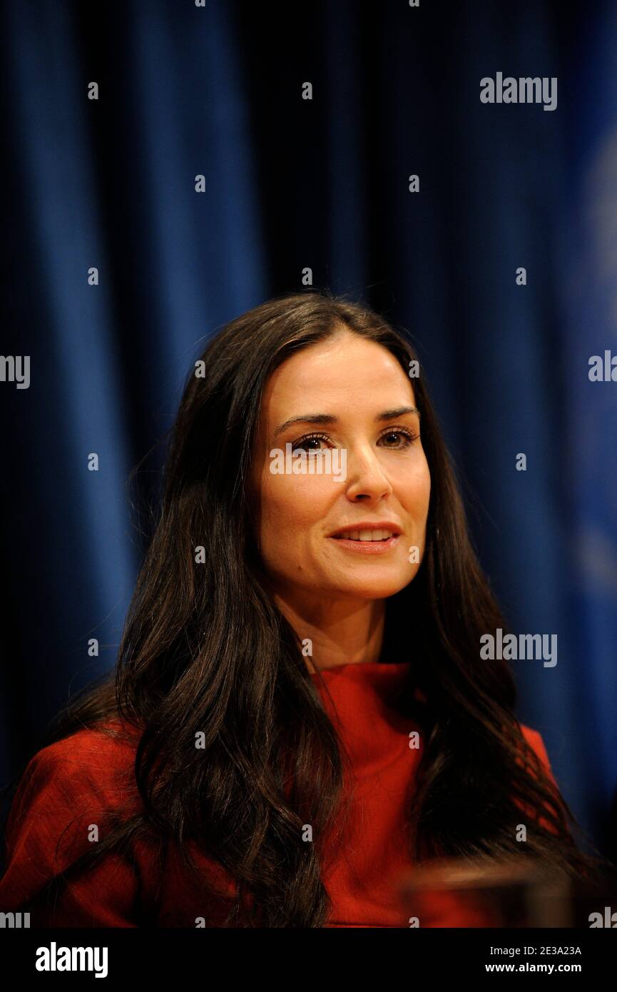 US actress Demi Moore addresses a press conference prior to the launch of a UN fund aimed at