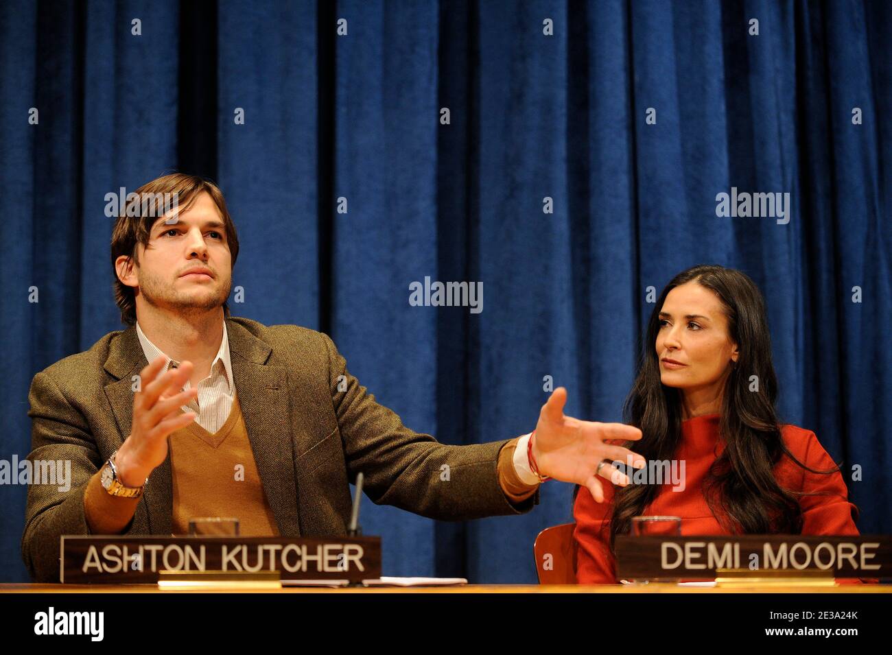 US actress Demi Moore and husband actor Ashton Kutcher address a press conference prior to the