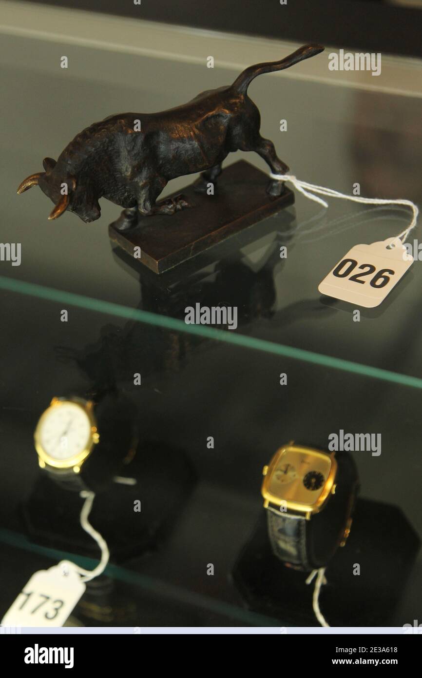 A bronze bull is displayed during a press preview of a U.S. Marshals Service auction of personal property seized from Bernard and Ruth Madoff in New York City, NY, USA on November 10, 2010. Photo by Elizabeth Pantaleo/ABACAPRESS.COM Stock Photo