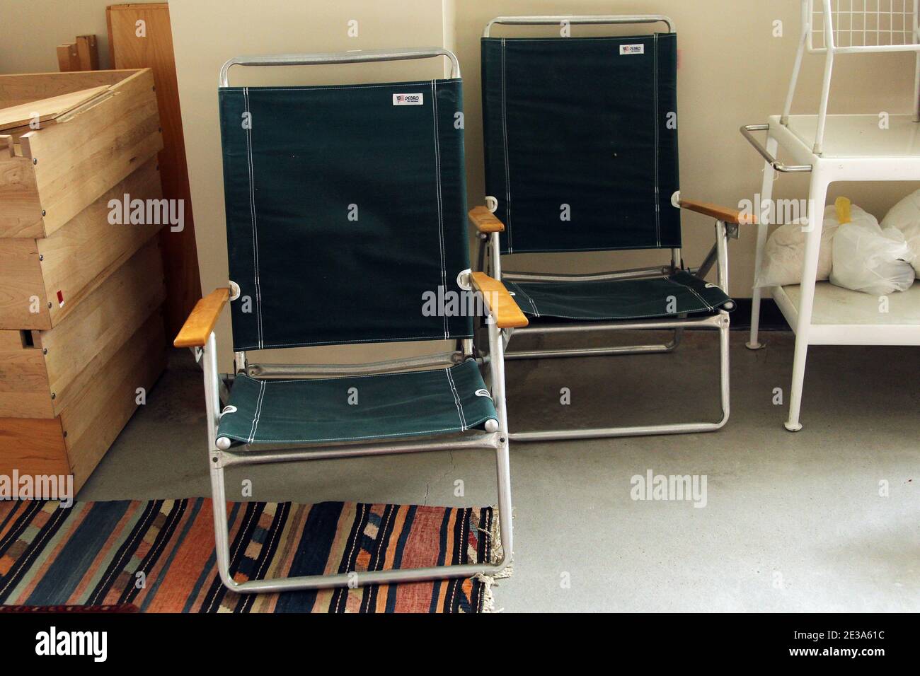 Two outdoor lounger chairs are displayed during a press preview of a U.S. Marshals Service auction of personal property seized from Bernard and Ruth Madoff in New York City, NY, USA on November 10, 2010. Photo by Elizabeth Pantaleo/ABACAPRESS.COM Stock Photo