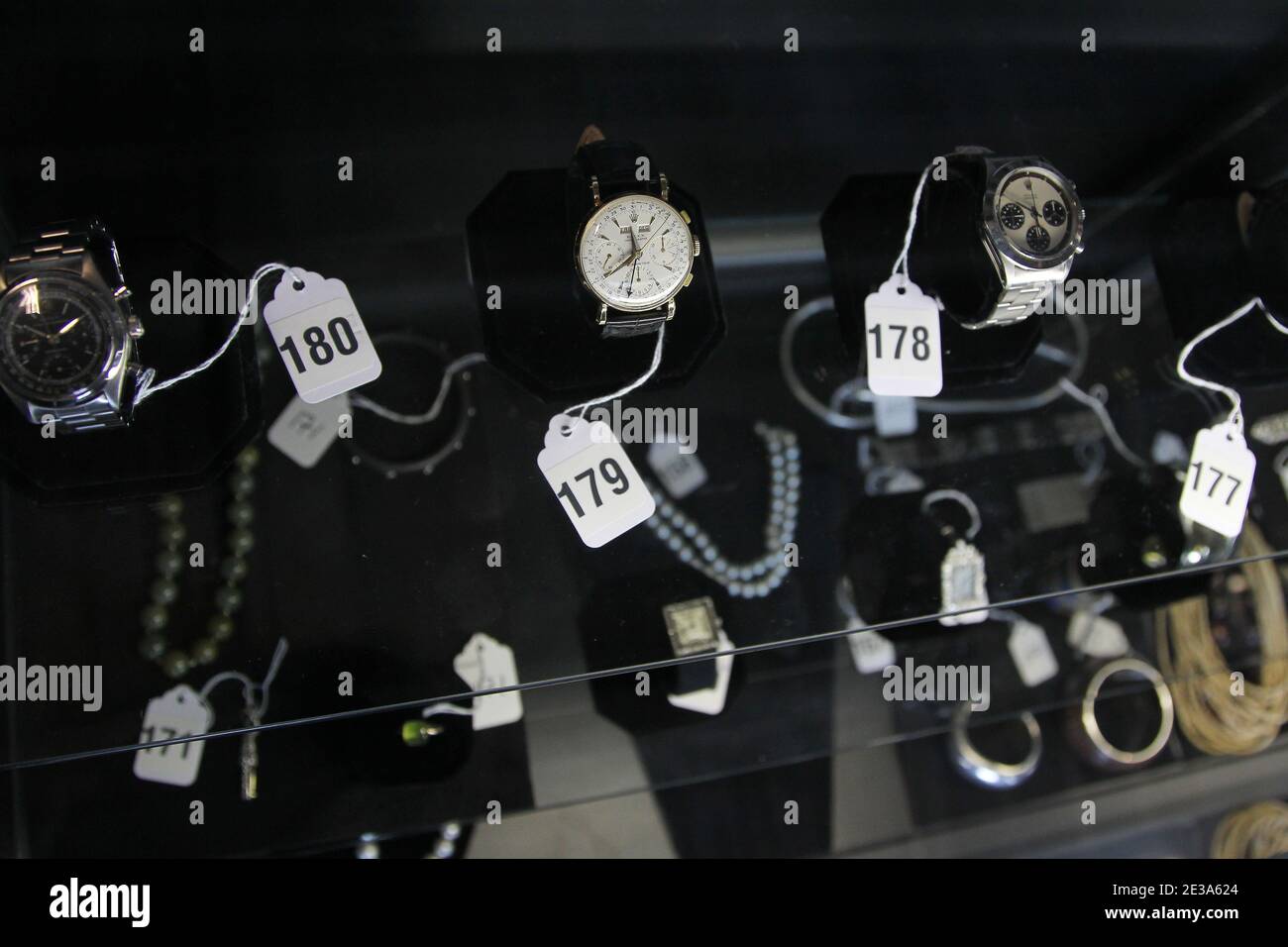 Watches and jewellery are displayed during a press preview of a U.S. Marshals Service auction of personal property seized from Bernard and Ruth Madoff New York City, NY, USA on November 10, 2010. Photo by Elizabeth Pantaleo/ABACAPRESS.COM Stock Photo