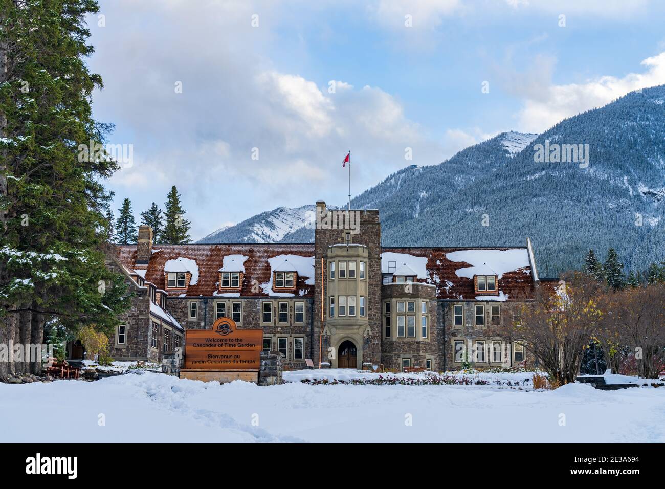 Cascade of Time Garden in snowy winter day. At the end of downtown Banff Avenue. Stock Photo