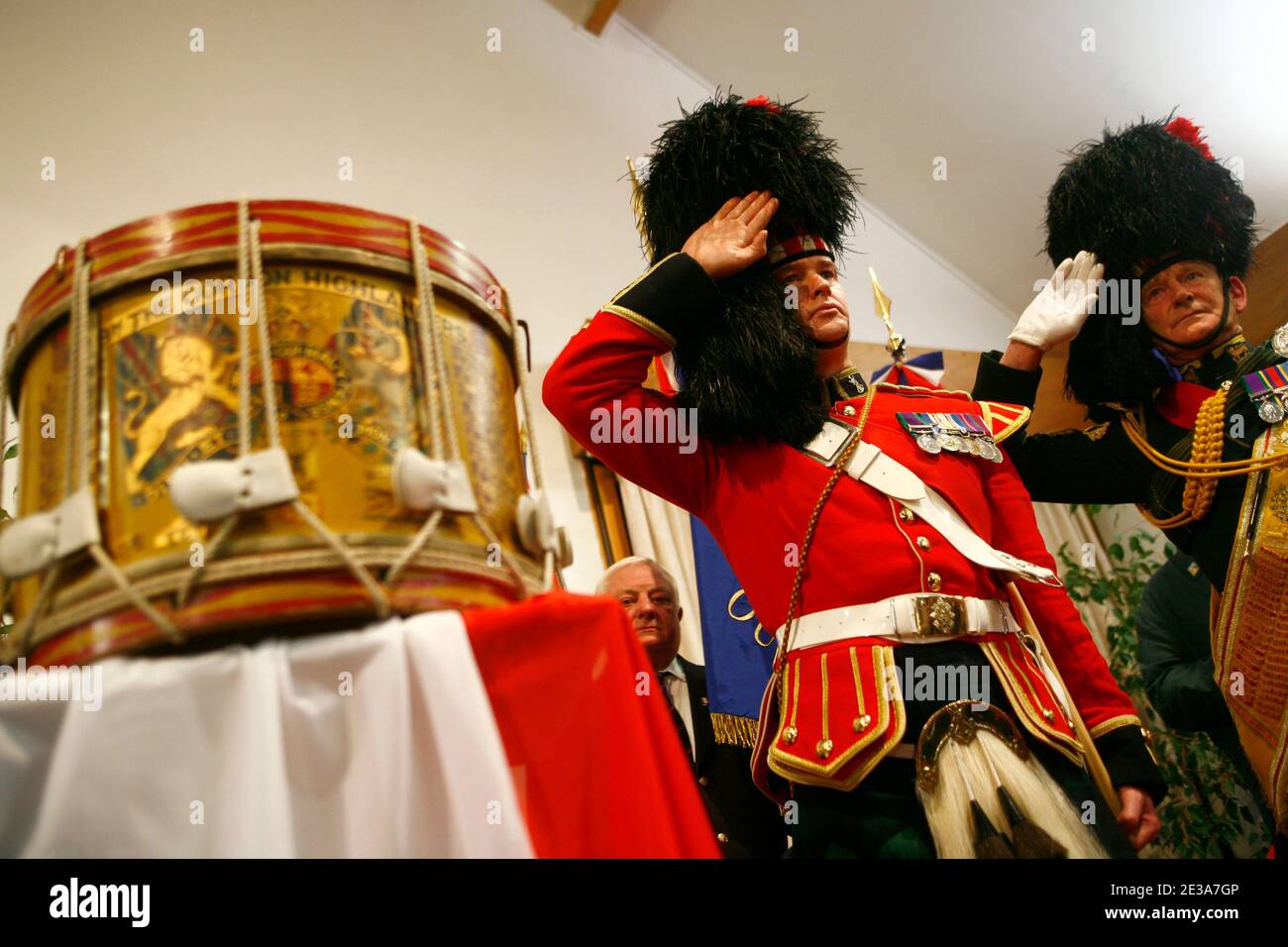 The Gordon Highlanders drum, which was was buried in a farmer's field by a British soldier of the 4th Battalion as the Gordons, during the British Army's retreat to Dunkirk in the Second World War, is made ready to be returned representatives of the Gordon Highlanders Museum based in Aberdeen, Scotland, at a ceremony held in Hem, northern France on 12 November 2010. Media reports state that it has been revealed that, within hours of the 4th Battalion as the Gordons leaving the village of Hem in northern France, during their retreat to the Dunkirk beachhead the drum was found by French policema Stock Photo