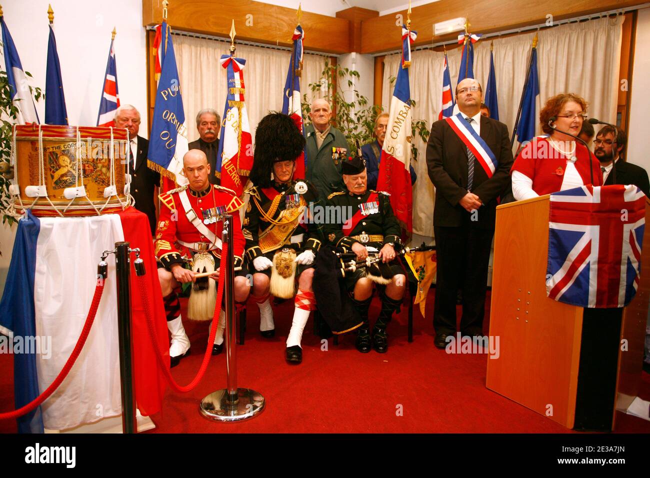 The Gordon Highlanders drum, which was was buried in a farmer's field by a British soldier of the 4th Battalion as the Gordons, during the British Army's retreat to Dunkirk in the Second World War, is made ready to be returned representatives of the Gordon Highlanders Museum based in Aberdeen, Scotland, at a ceremony held in Hem, northern France on 12 November 2010. Media reports state that it has been revealed that, within hours of the 4th Battalion as the Gordons leaving the village of Hem in northern France, during their retreat to the Dunkirk beachhead the drum was found by French policema Stock Photo