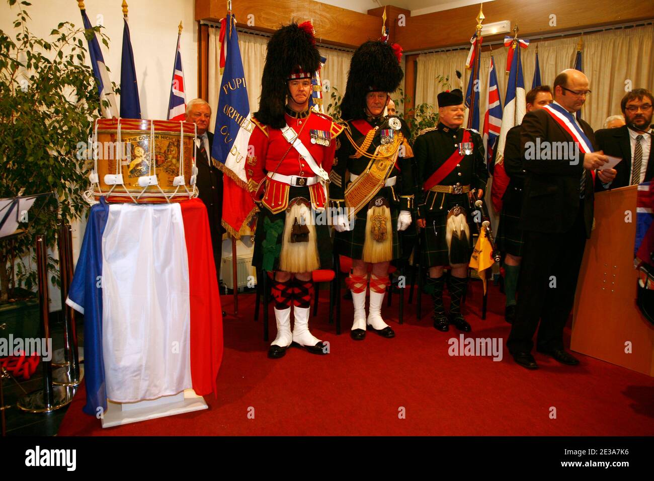 The Gordon Highlanders drum, which was was buried in a farmer's field by a British soldier of the 4th Battalion as the Gordons, during the British Army's retreat to Dunkirk in the Second World War, is made ready to be returned representatives of the Gordon Highlanders Museum based in Aberdeen, Scotland, at a ceremony held in Hem, northern France on 12 November 2010. Media reports state that it has been revealed that, within hours of the 4th Battalion as the Gordons leaving the village of Hem in northern France, during their retreat to the Dunkirk beachhead the drum was found by French policema Stock Photo