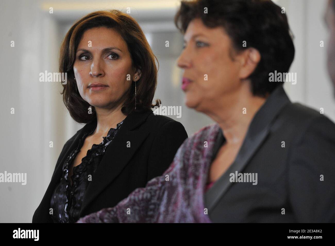 Newly appointed Junior French Minister for Health Nora Berra (L) and newly appointed Minister for Solidarities and Social Cohesion, Roselyne Bachelot during a transfer of power ceremony in Paris, France on November 15, 2010. Photo by Nicolas Gouhier/ABACAPRESS.COM Stock Photo